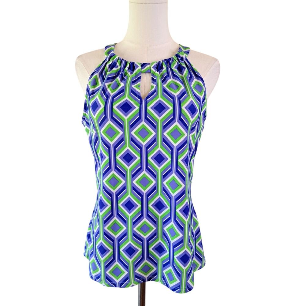 JUDE CONNALLY Claire Top Size Small Halter Sleeveless Blue Green Geo Print